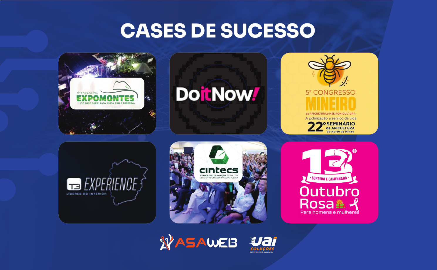 Cases de sucesso: Expomontes, Do It Now, Congresso Mineiro de Apicultura, T3 Experience, CINTECS e Outubro Rosa